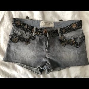 AllSaints Hand Embellished Limited Edition Distressed Grey Denim Shorts